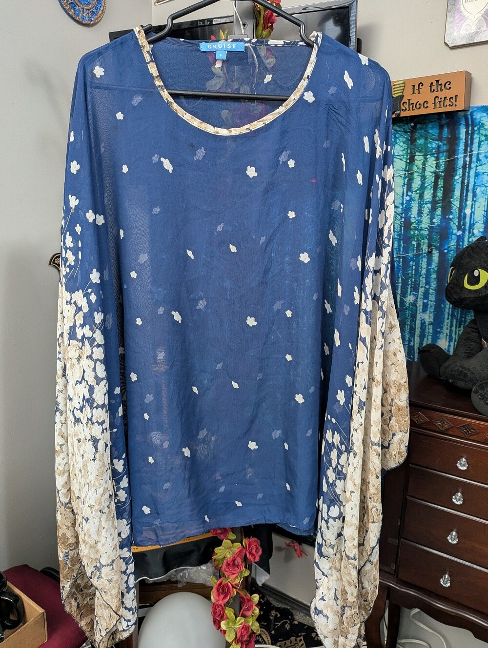 Navy And Cream Floral Sheer Poncho Top With Dramatic Sleeves, Free-size